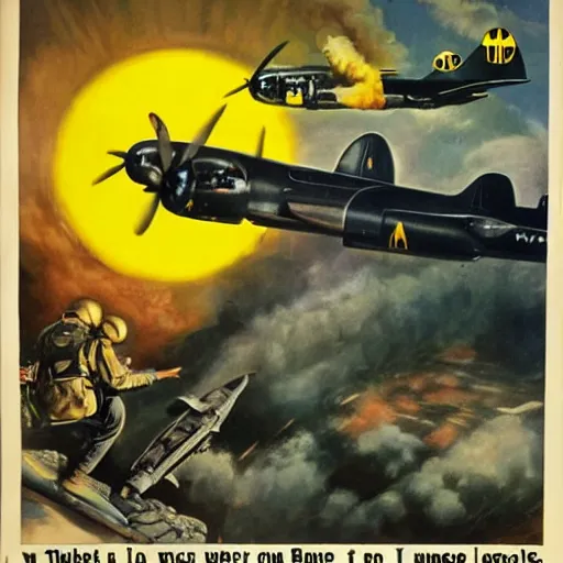 Prompt: a bumblebee painted b 2 9 bomber drops a bomb onto a sleeping soldier, ww 2 propaganda poster, highly detailed, no text