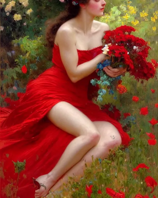 Image similar to an attractive girl wearing a red dress and surrounded by flowers. highly detailed painting by gaston bussiere, craig mullins, j. c. leyendecker 8 k