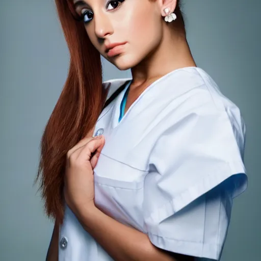 Image similar to ariana grande as a nurse, photography, moody lighting, realistic,