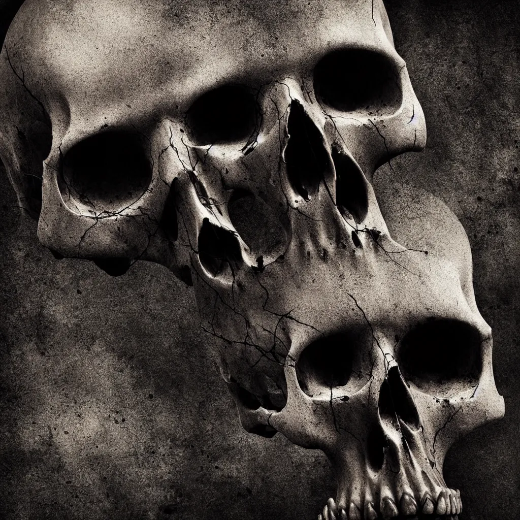 Image similar to one creepy skull, central composition, dark and mysterious, atmospheric, cinematic, 4k, ultra detail, ultra realistic