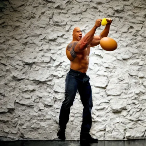 Prompt: Dwayne Johnson throwing eggs at a plaster wall, photo