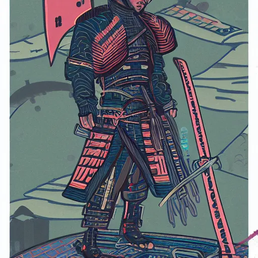 Prompt: cyberpunk samurai with swords drawn in a synth wave city, in the style of hokusai