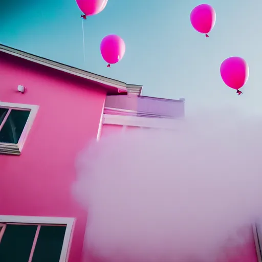 Image similar to a 5 0 mm lens photograph of a cute pink floating modern house, floating in the air between clouds, inspired by the movie up, held up from above by heart ballons. mist, playful composition canon, nikon, award winning, photo of the year