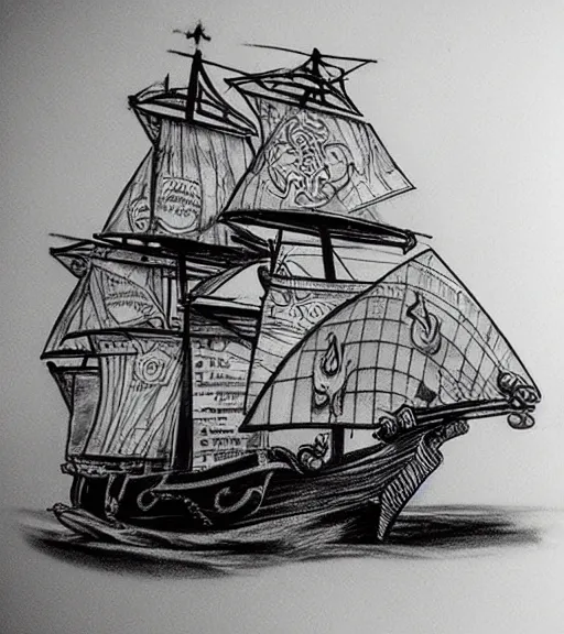 Image similar to A realistic black and white tattoo design sketch of a pirate ship, highly detailed tattoo, shaded tattoo, hyper realistic tattoo