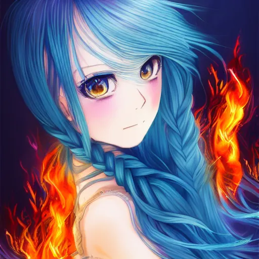 Prompt: advanced digital anime art, a very cute beautiful and gorgeous woman wearing a dress made of fire and water , full body, very long wavy azure blue hair, braided hair, white highlights in hair, azure blue watery eyes, full round face, cinematic lighting, mid-shot, highly intricately detailed, trending on pixiv, Artstation, Totorrl, Visual Key, and Sakimichan