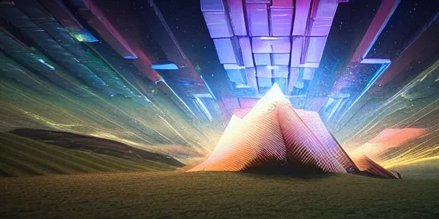 Prompt: a beautiful network of glowing cubes appears in the sky above a fantasy landscape, atmospheric lighting, intricate, volumetric lighting, beautiful, sharp focus, ultra detailed, in the art style of bowater charlie, brom gerald, astrophotography, rendered in cinema 4 d, quantum wavetracing, rendered in maya