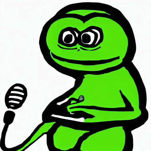 Image similar to cartoon drawing of pepe the frog singing into a microphone, pepe, artstation, cartoon