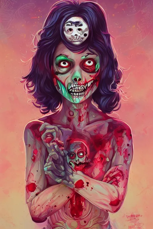 Prompt: a smiling cute zombie woman undead skin and wavy hair, tristan eaton, victo ngai, artgerm, rhads, ross draws