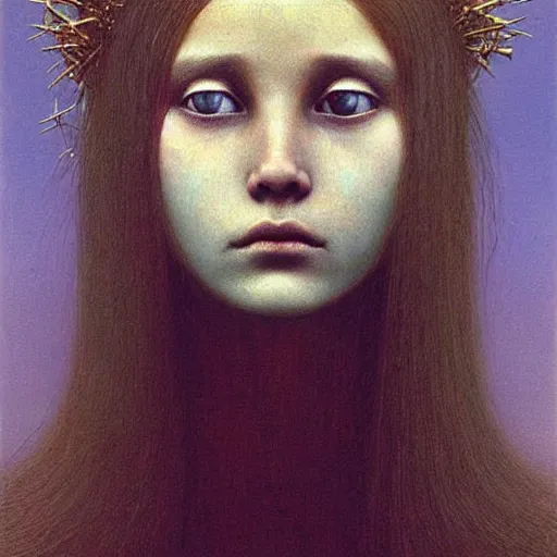 Prompt: young teen queen with long golden hairs in golden crown, very white pale, blue eyes, painting by Beksinski