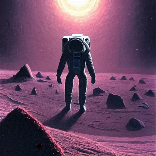 Image similar to astronaut exploring a strange surface of another planet, astronat sees signs of ancient civilization, ultra high definition, ultra detailed, symmetry, sci - fi, dark fantasy, by wayne barlowe