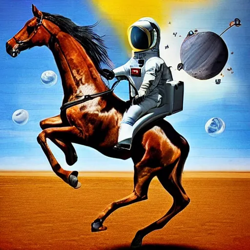 Prompt: a horse riding an astronaut, horse, style of surrealism