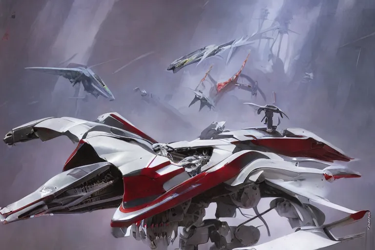 Image similar to a pteranodon mecha interceptor, white john berkey armor panels, wine-red and grey trim, skull insignia, robotech styling with Kanji markings, boeing concept art painting, cinematic lighting, amazing lifelike cinematic photo render