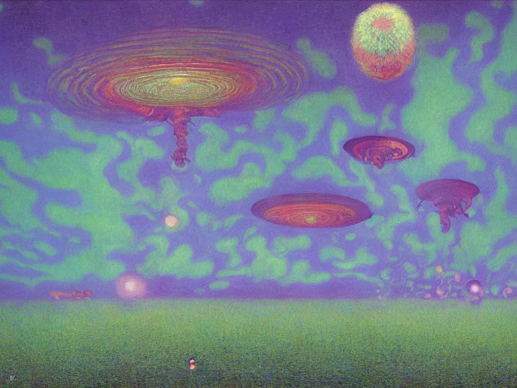 Image similar to study of the psychedelics dream bot mothership thunderstorm. painting by monet, wayne barlowe, agnes pelton, rene magritte, moebius