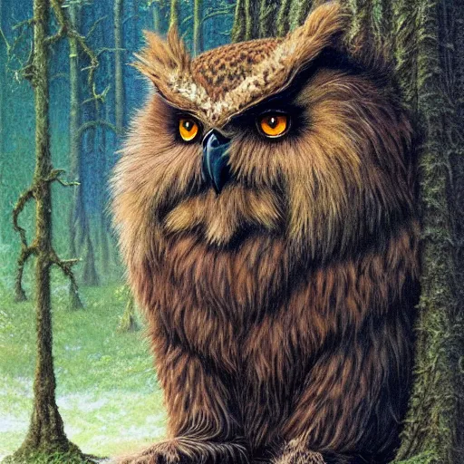 Prompt: three quarter portrait of an owlbear in the forest, d & d, fantasy, michael whelan,