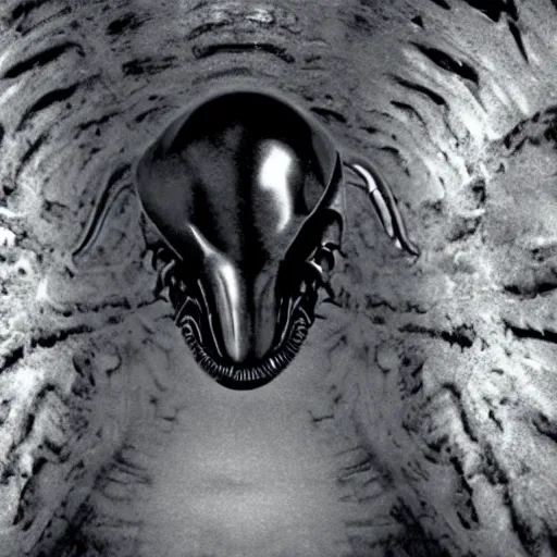 Image similar to xenomorph in ice cavern, close up photo, creepypasta, monochromatic