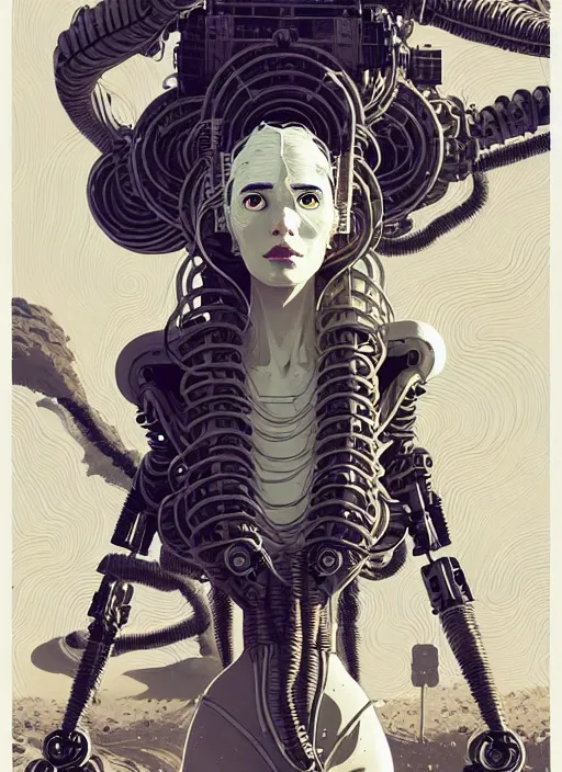 Image similar to highly detailed portrait of a robotic cyborg long curly white hair nomadic tribal lady, stray wiring by atey ghailan, james gilleard, by joe fenton, by greg rutkowski, by greg tocchini, by kaethe butcher, 4 k resolution, gradient yellow, black and white color scheme!!! ( ( robotic sandstorm robotic pyramid landscape background ) )