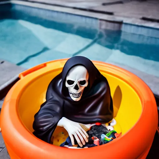 Image similar to grim reaper inside a kiddie pool, very detailed, very realistic, photograph, 5 0 mm, canon, nikon, zeiss lens, editorial, perfect composition, perfect lighting, 4 k