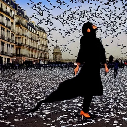 Prompt: a woman in paris, walls crumbling, hundreds of black birds falling from the sky