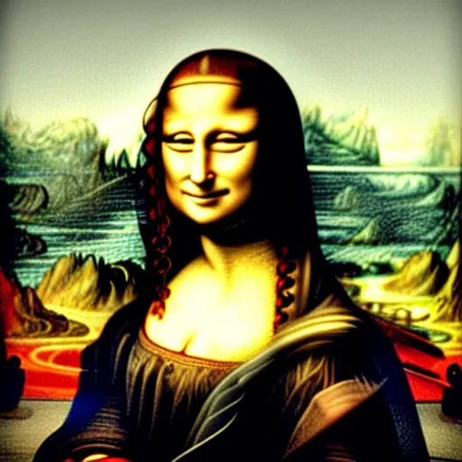Prompt: the extended painting of the Mona Lisa, unseen, breaking, detailed, photoreal