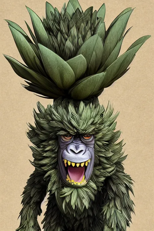 Image similar to an ape artichoke monster, highly detailed, digital art, sharp focus, trending on art station, plant, anime art style