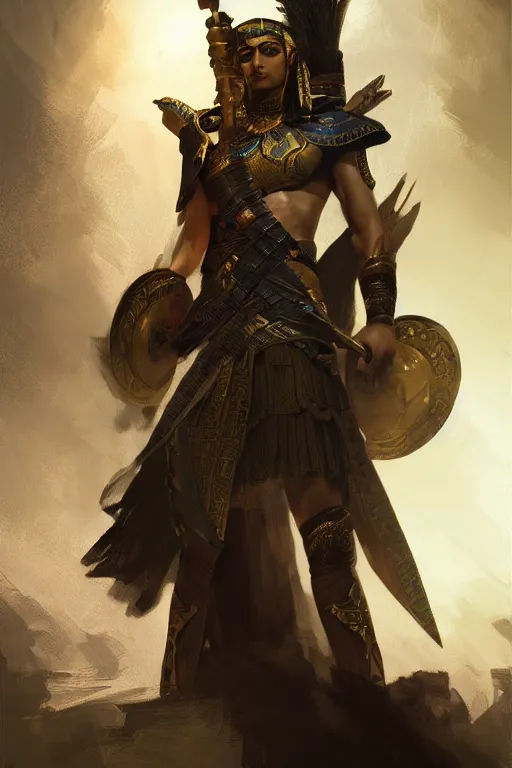 Image similar to egyptian warrior, portrait, powerfull, intricate, elegant, volumetric lighting, digital painting, highly detailed, artstation, sharp focus, illustration, ruan jia