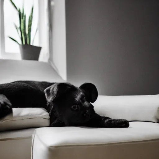 Image similar to a small black dog with a white face, lying down on a sofa, house plants and wood furniture in the background, indoors, dim light, photograph, 4 k, shot on iphone