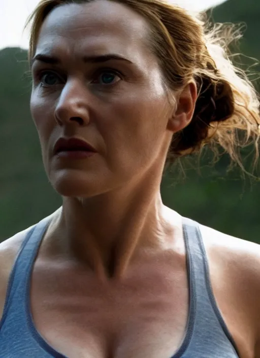 Image similar to a film still of kaye winslet as lara croft, sweat, direct sun light, close up potrait, cinematic,