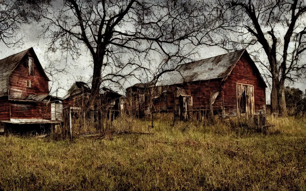 Image similar to an old wooden church rotting away in the bayou, realistic, old color photograph, dynamic composition, creepy