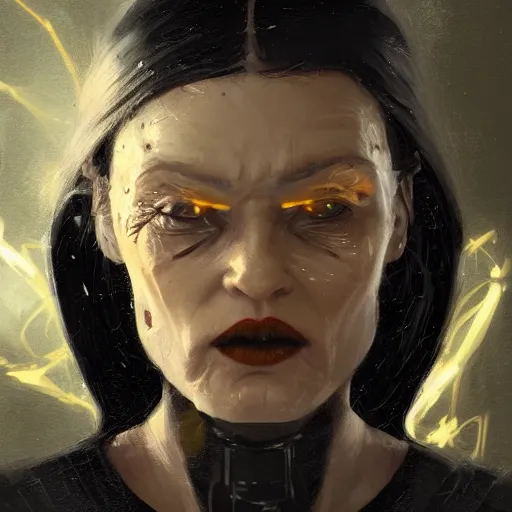 Image similar to portrait of a woman by greg rutkowski, a woman with yellow skin, black lips wearing black robes and a hodd, evil energy, star wars expanded universe, she is about 6 0 years old, highly detailed portrait, digital painting, artstation, concept art, smooth, sharp foccus ilustration, artstation hq