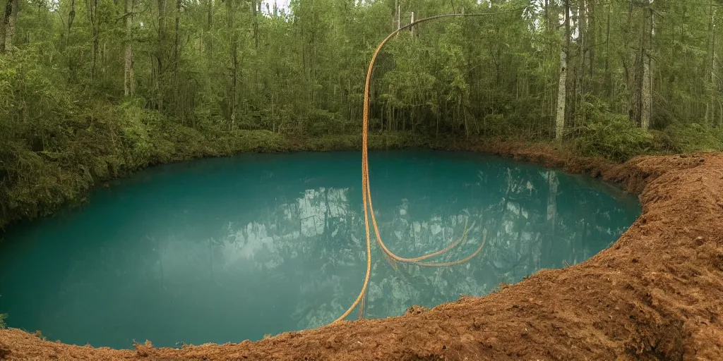 Image similar to photograph of a long rope snaking across the surface of the water, stretching out towards the vortex sinkhole at the center of the lake, a dark lake on a cloudy day, mood, trees in the background, anamorphic lens