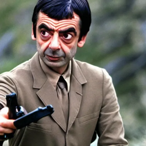 Image similar to A still of Mr Bean in Rambo First Blood