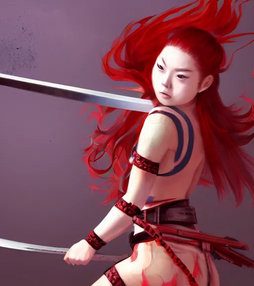 Prompt: a girl with red hair holding a katana, samurai outfit, japanese clothes, ponytail, action shot, highly detailed, digital painting, artstation, concept art, smooth, sharp focus, kunoichi, illustration