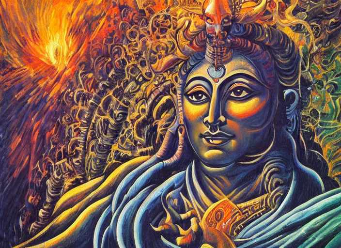 Prompt: an oil on canvas painting of Shiva, by Dan Mumford and Umberto Boccioni, sanskrit, 3d, realistic shading, complimentary colors, aesthetically pleasing composition, masterpiece, 4k, 8k, ultra realistic, super realistic