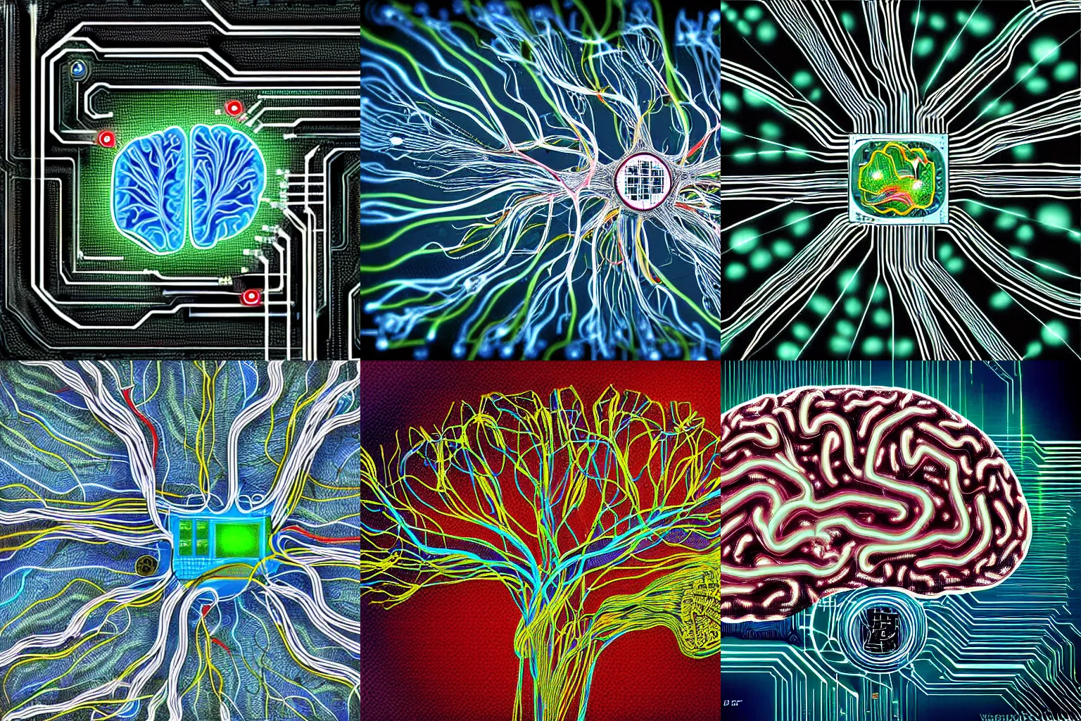 Prompt: integrated circuit, human brain, neurons and synapses, printed circuit board, wire bond, electrical signals, detailed, realistic, in style of digital painting