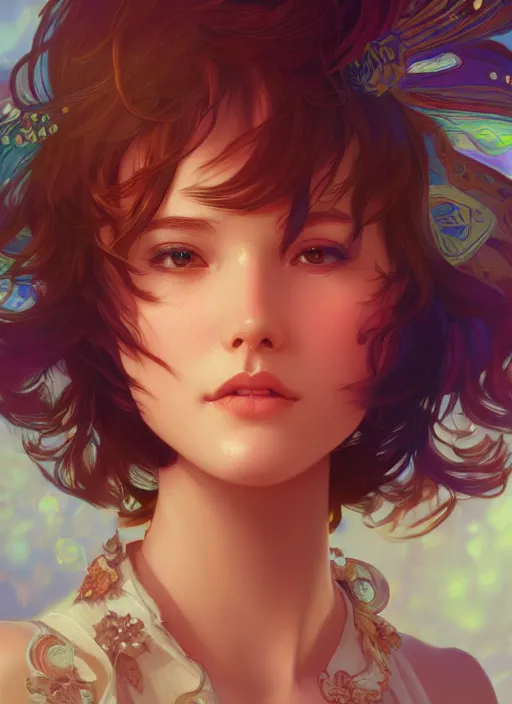 Image similar to beautiful girl short hair, cute, intricate, highly detailed, digital painting, trending on artstation, concept art, smooth, sharp focus, backlit, rim light, vivid colors, illustration, unreal engine 5, 8 k, art by rossdraws and alphonse mucha