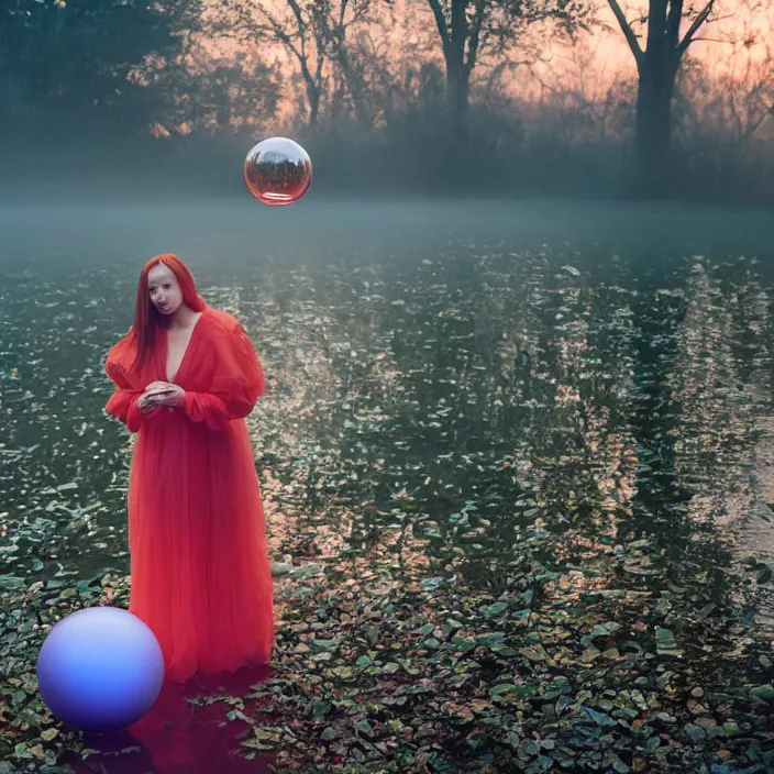 Prompt: a closeup portrait of a woman wrapped in plastic, standing next to a giant levitating orb, in a foggy pond, golden hour, color photograph, by vincent desiderio, canon eos c 3 0 0, ƒ 1. 8, 3 5 mm, 8 k, medium - format print