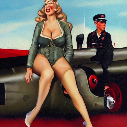 Image similar to Fully-clothed full-body portrait of Kate Upton as a pinup painting on world war II bomber