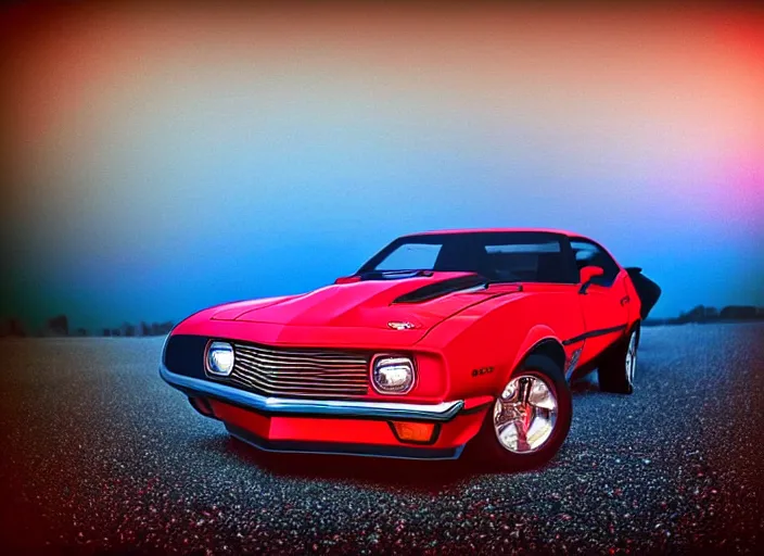 Image similar to retro wave picture of a black camaro mach 1, red and blue reflections, backlit, soft focus