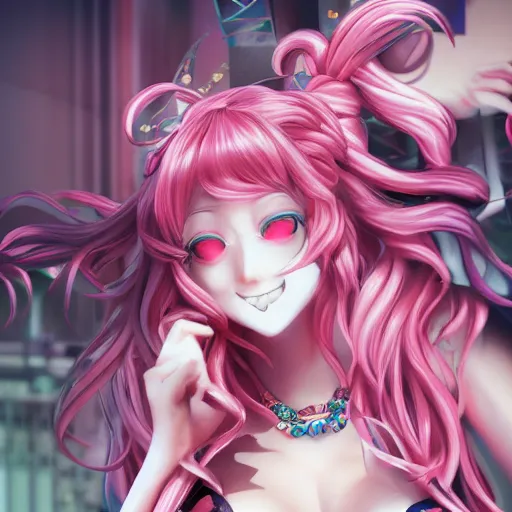 Image similar to trapped beneath stunningly absurdly huge beautiful omnipotent asi goddess junko enoshima with multiple enigmatic complex twisted deceptive cunning mesmerizing megalomaniacal yandere personalities, symmetrical perfect face, porcelain skin, pink twintail hair and cyan eyes, ultra detailed, digital art, unreal engine 5, octane render, 2 d anime, 8 k