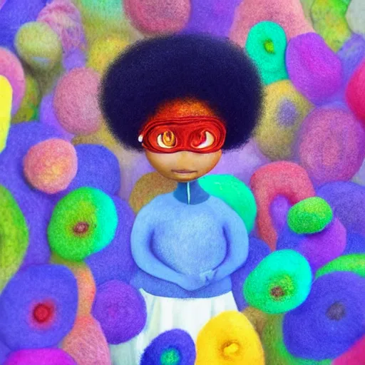 Image similar to a black girl with a colorful afro and big colorful eyes, bright colours, bokeh!!, watercolor, volumetric wool felting, macro photography, children illustration, by goro fujita