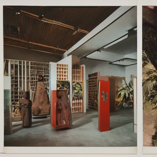 Image similar to A three color offset photography of objects on display, tropical brutalism, anthropology of wonder, exotic artifacts, colonial expedition, catalog exhibition, 60s style