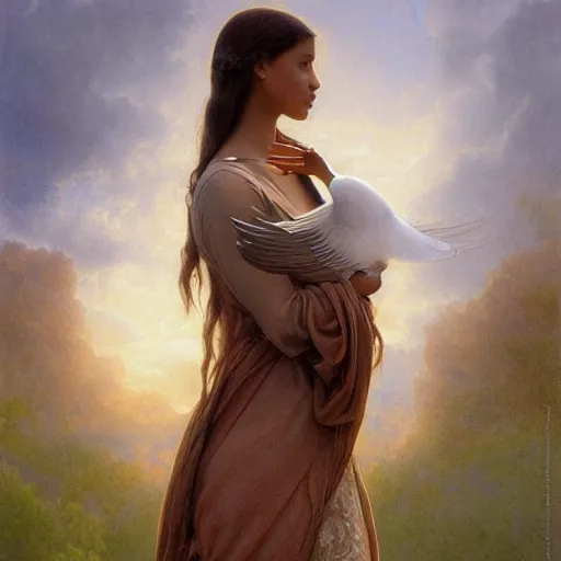 Image similar to artstation concept of a beautiful girl holding a dove, brown skin, sweaty skin, symmetrical face, casual white garment, brown canyon background, shiny colorful, hyperdetailed, artstation trending, world renowned artists, worth1000.com, historic artworks society, antique renewal, cgsociety, by greg rutkowski, by Alfons Maria Mucha, Deviantart