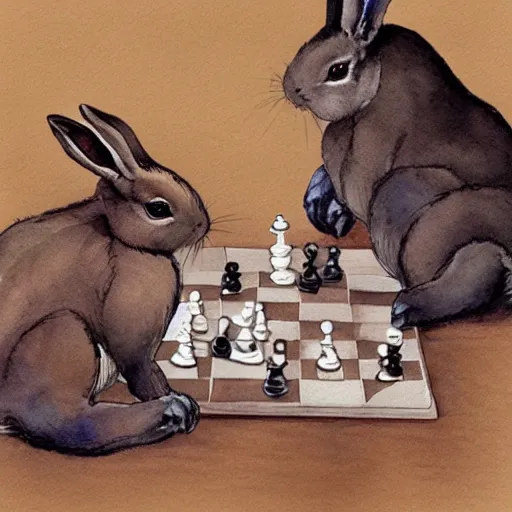 Prompt: two rabbits playing chess, watercolour realism