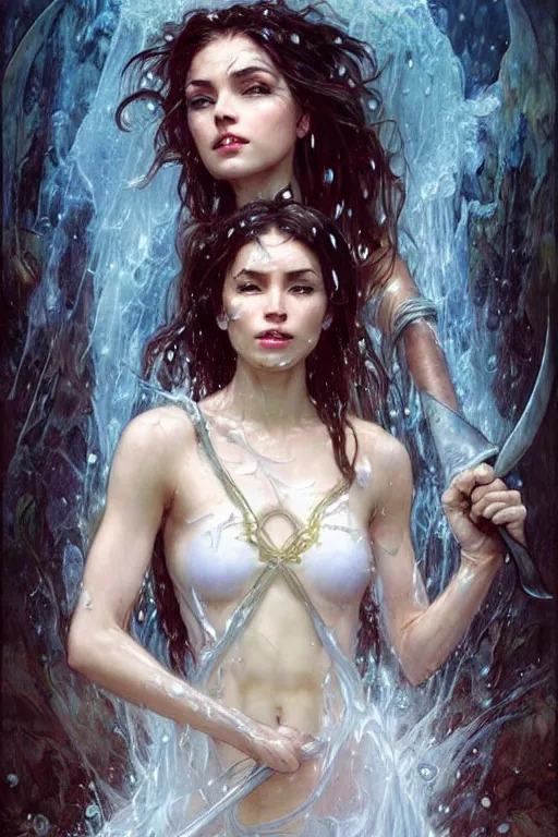 Image similar to portrait of a beautiful spiderwoman wearing a white dress, holding a sword, drenched body, wet dripping hair, emerging from the water, fantasy, regal, fractal crystal, fractal gems, by ross tran, stanley artgerm lau, greg rutkowski, thomas kindkade, alphonse mucha, loish, norman rockwell