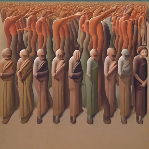 Prompt: a painting of a group of people standing in a line, a surrealist painting by george tooker, reddit, cynical realism, dystopian art, surrealist, academic art