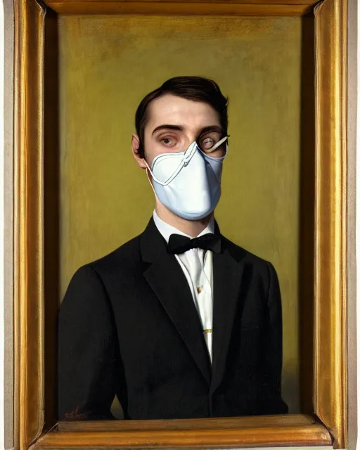 Image similar to portrait of young man wearing black medical mask, suit and tie, style of james c. christensen