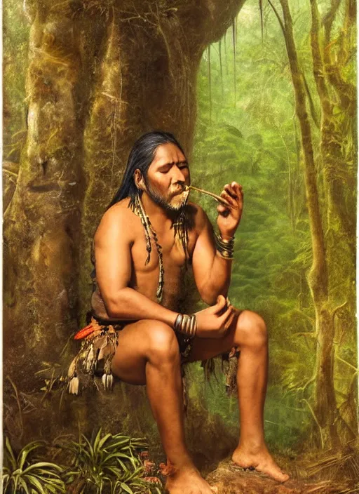 Image similar to a beautiful portrait of an indigenous man sitting in the jungle, taking tobacco snuff, praying with tobacco, mysterious atmosphere, fantasy art, matte painting, highly detailed