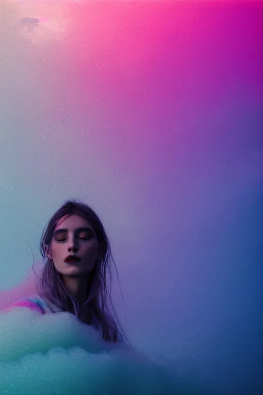 Image similar to high quality pastel coloured film close up wide angle portrait photograph of a model wearing clothing resting on cloud furniture in a icelandic black rock environment in a partially haze filled dreamstate world. three point light, rainbow. photographic production. art directed. pastel colours. volumetric clouds. pastel gradient overlay. waves glitch artefacts. extreme facial clarity. 8 k. filmic.