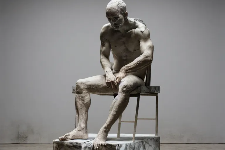 Image similar to a sculpture of a person sitting on top of a chair, a marble sculpture by nicola samori, behance, neo - expressionism, marble sculpture, apocalypse art, made of mist