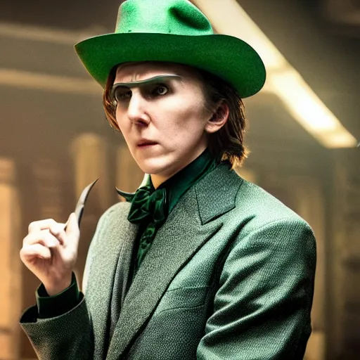 Prompt: film still of Paul Dano as Riddler in a new Batman movie, 4k, dark muted colors, low saturation!!!, low saturation, dim lighting!!!, heavy shadows!!!